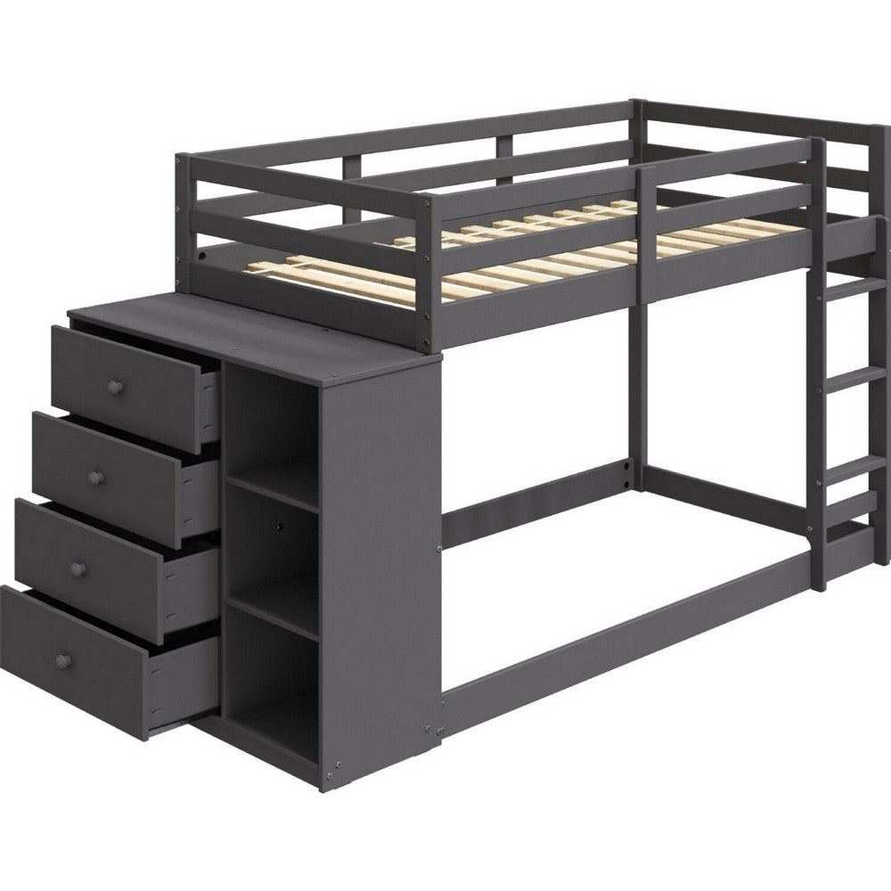 Classic Twin Bunk Bed with Cabinet, 4 Drawers, 3 Compartments, Ladder, Gray - BM284031