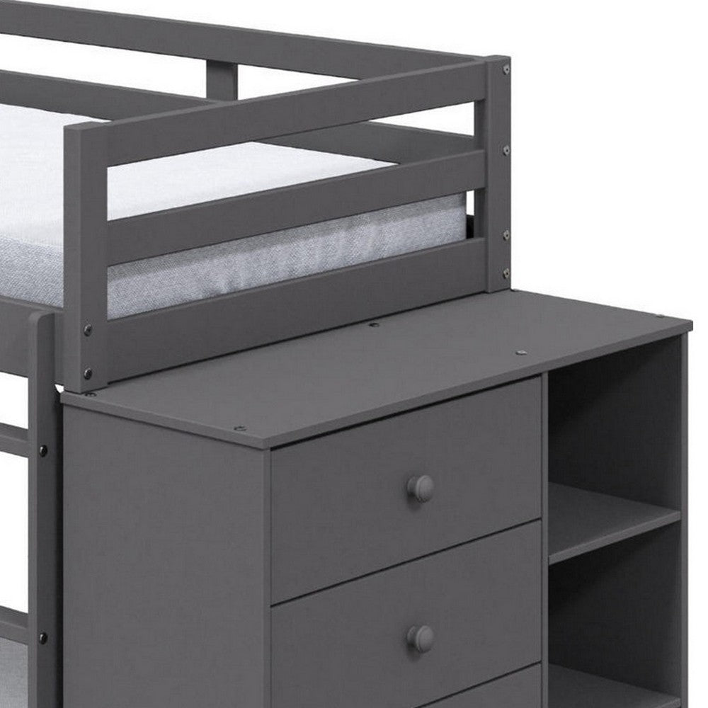 Classic Twin Bunk Bed with Cabinet, 4 Drawers, 3 Compartments, Ladder, Gray - BM284031