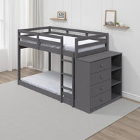 Classic Twin Bunk Bed with Cabinet, 4 Drawers, 3 Compartments, Ladder, Gray - BM284031