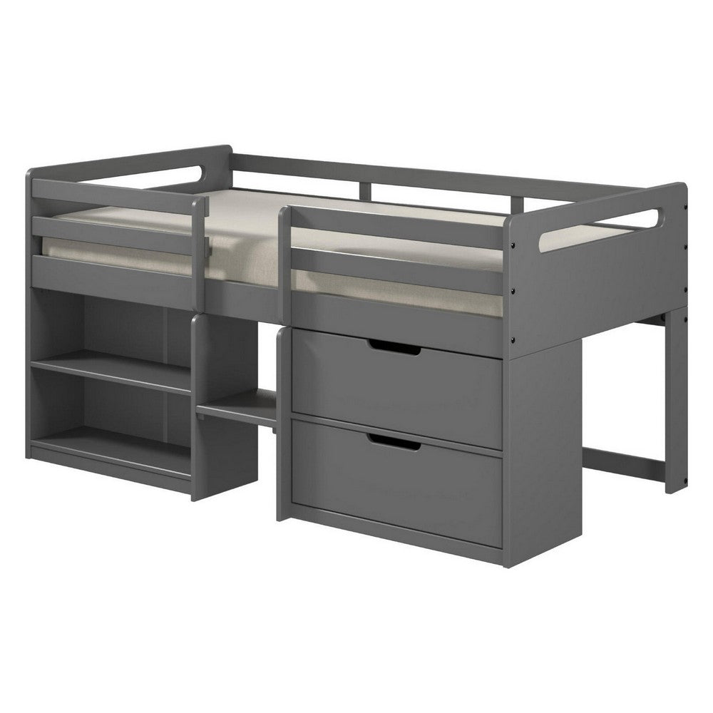 Classic Wood Twin Loft Bed with Storage, 3 Drawers, 2 Compartments, Gray - BM284032
