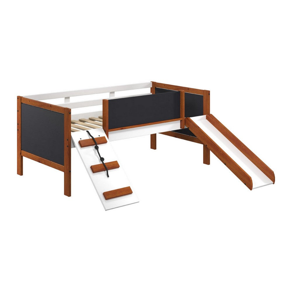 Classic Wood Twin Loft Bed with Slide, Blackboard on Rails, Brown, White - BM284033