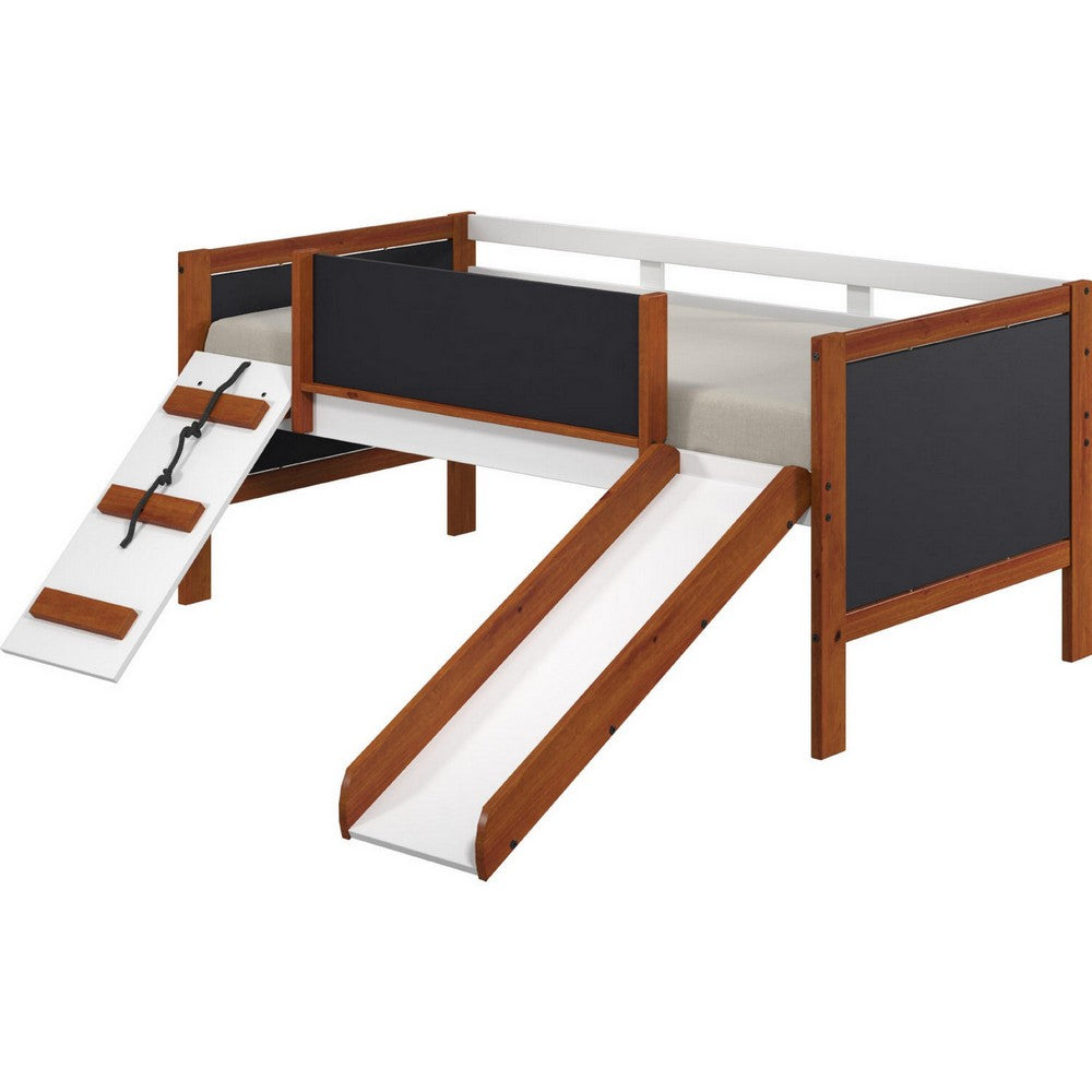 Classic Wood Twin Loft Bed with Slide, Blackboard on Rails, Brown, White - BM284033