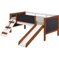 Classic Wood Twin Loft Bed with Slide, Blackboard on Rails, Brown, White - BM284033