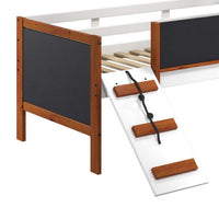 Classic Wood Twin Loft Bed with Slide, Blackboard on Rails, Brown, White - BM284033