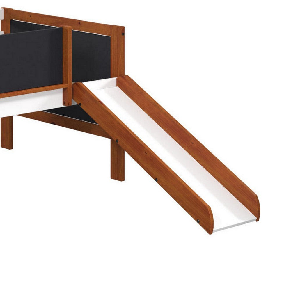 Classic Wood Twin Loft Bed with Slide, Blackboard on Rails, Brown, White - BM284033