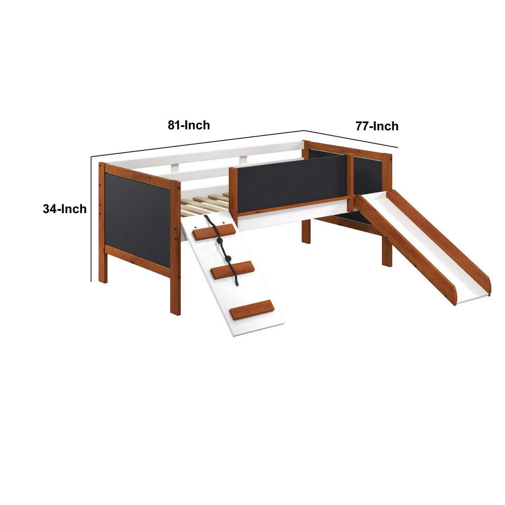 Classic Wood Twin Loft Bed with Slide, Blackboard on Rails, Brown, White - BM284033