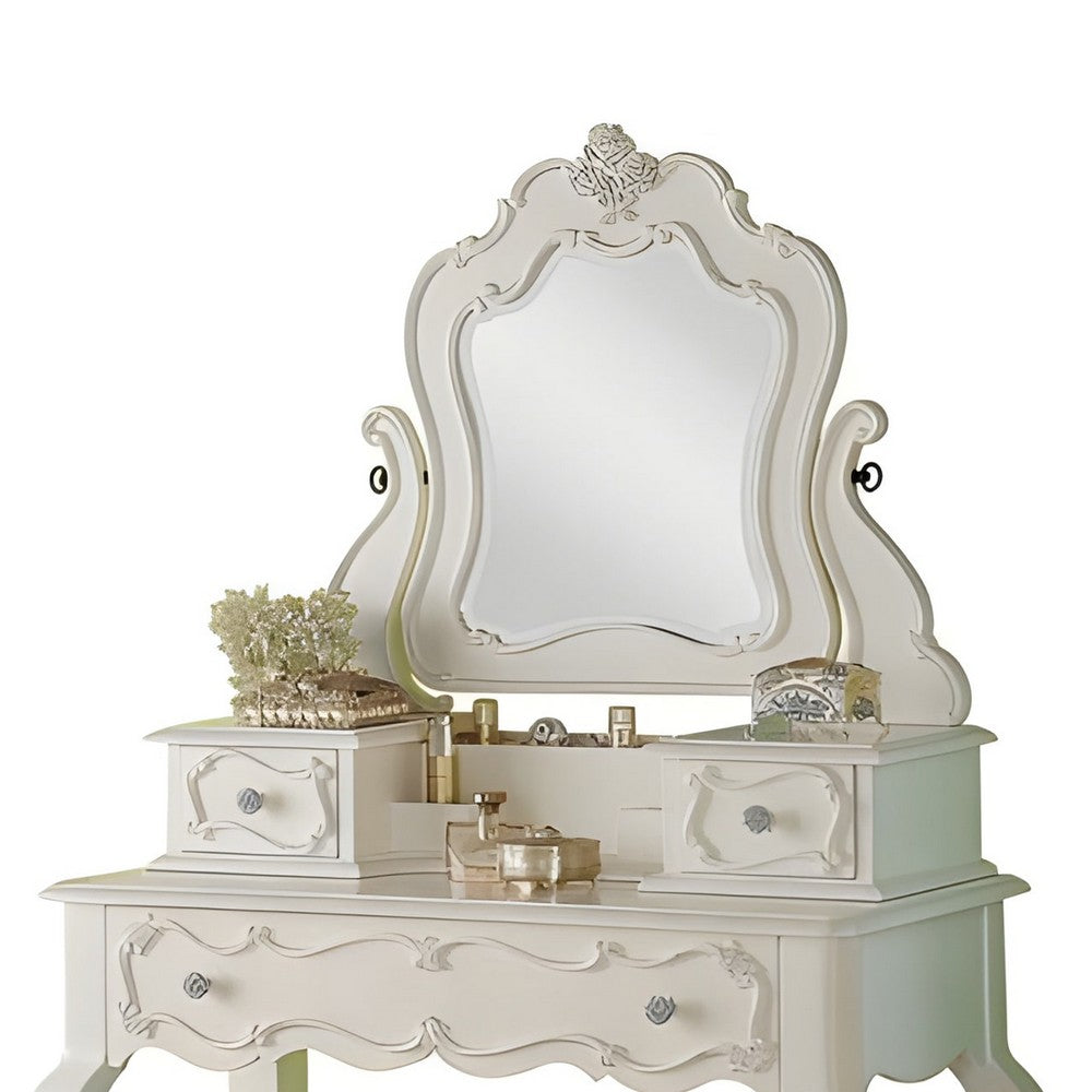 63 Inch Wood Classic Vanity Desk with Mirror, 3 Drawers, Carved, White - BM284042