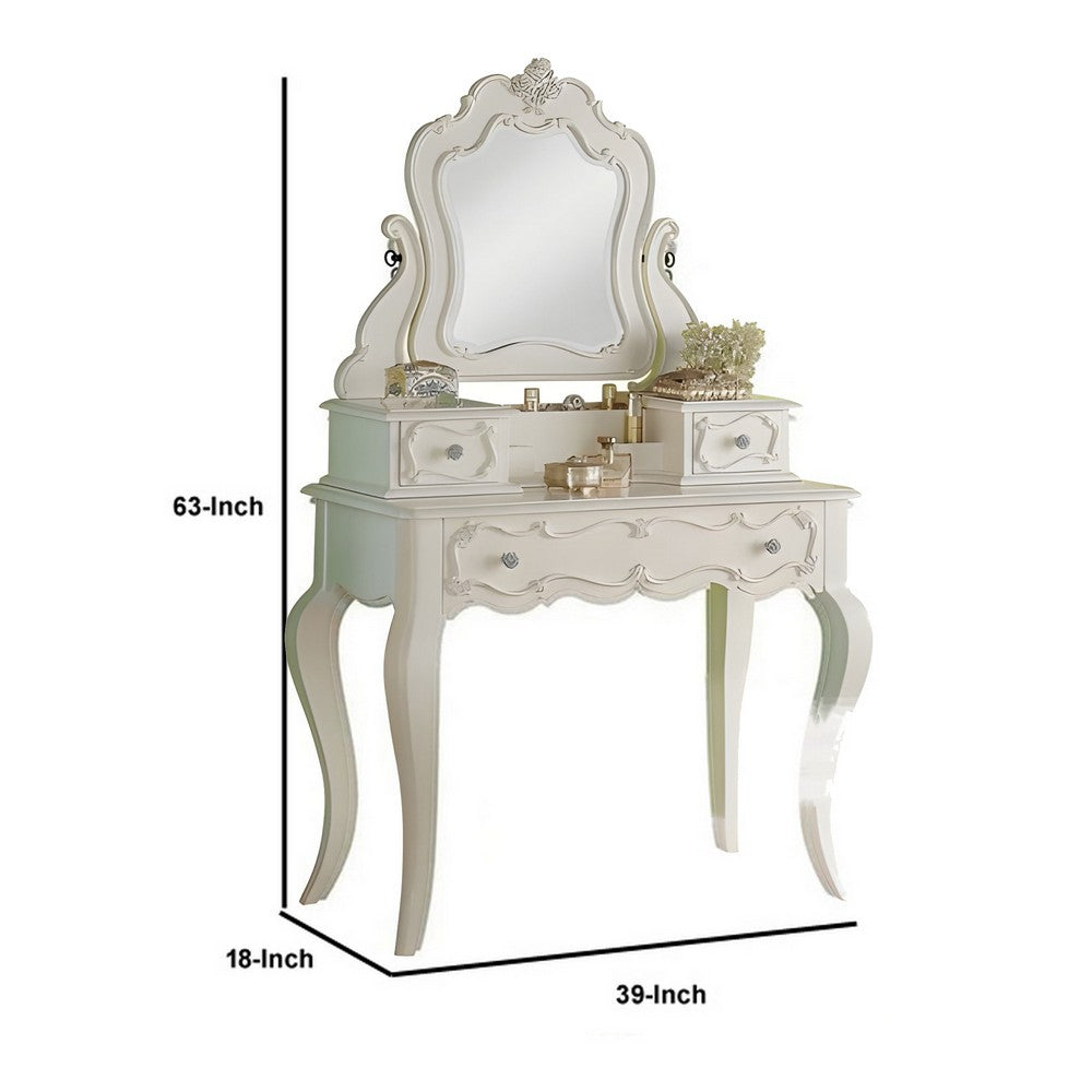 63 Inch Wood Classic Vanity Desk with Mirror, 3 Drawers, Carved, White - BM284042