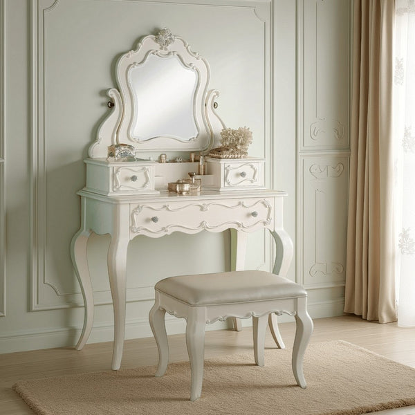 63 Inch Wood Classic Vanity Desk with Mirror, 3 Drawers, Carved, White - BM284042