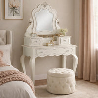 63 Inch Wood Classic Vanity Desk with Mirror, 3 Drawers, Carved, White - BM284042