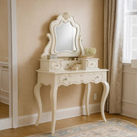 63 Inch Wood Classic Vanity Desk with Mirror, 3 Drawers, Carved, White - BM284042