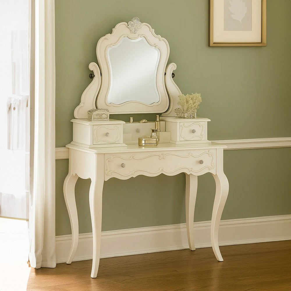 63 Inch Wood Classic Vanity Desk with Mirror, 3 Drawers, Carved, White - BM284042