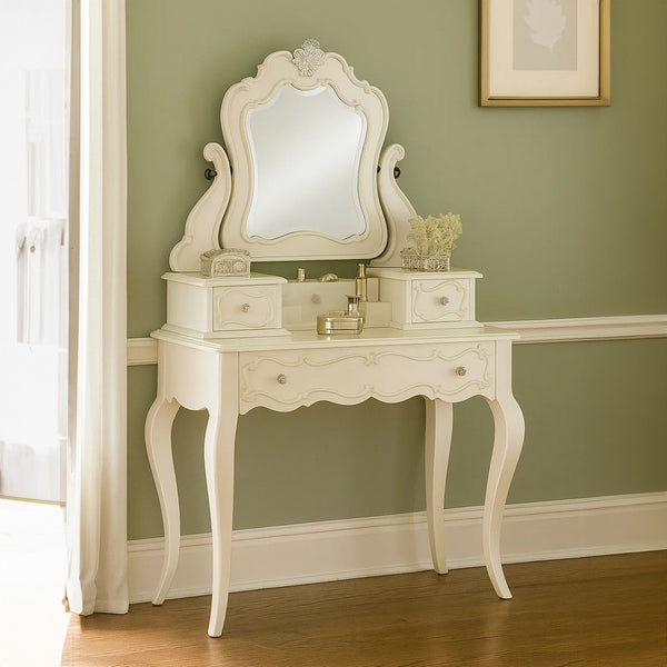 63 Inch Wood Classic Vanity Desk with Mirror, 3 Drawers, Carved, White - BM284042