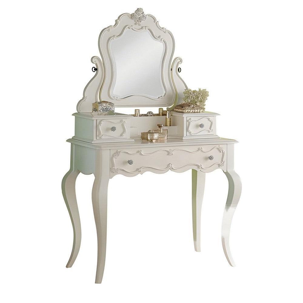 63 Inch Wood Classic Vanity Desk with Mirror, 3 Drawers, Carved, White - BM284042