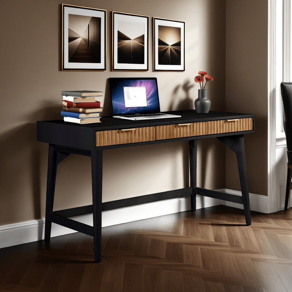 Eli 52 Inch 3 Drawer Home Office Desk, Mahogany Wood, Black, Brown - BM284238