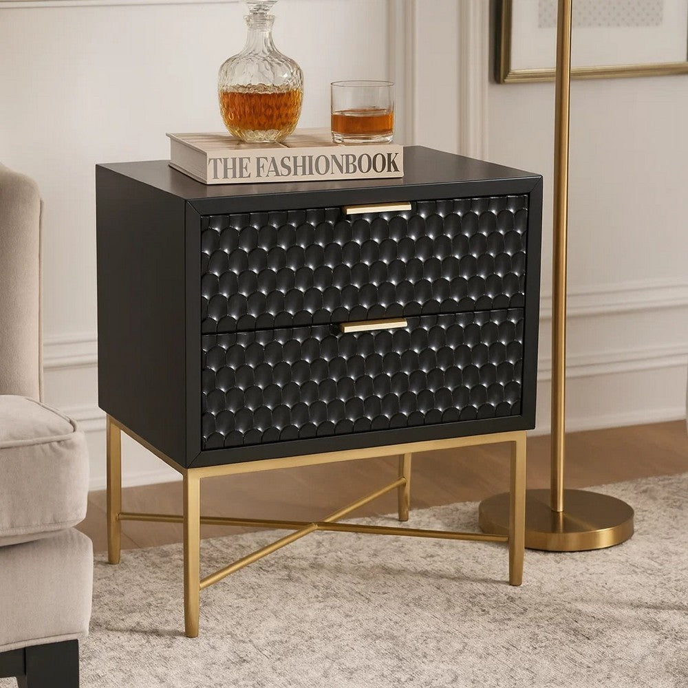 Rexi 26 Inch 2 Drawer Nightstand, Honeycomb, Mahogany Wood, Black, Gold - BM284258