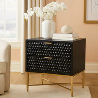 Rexi 26 Inch 2 Drawer Nightstand, Honeycomb, Mahogany Wood, Black, Gold - BM284258