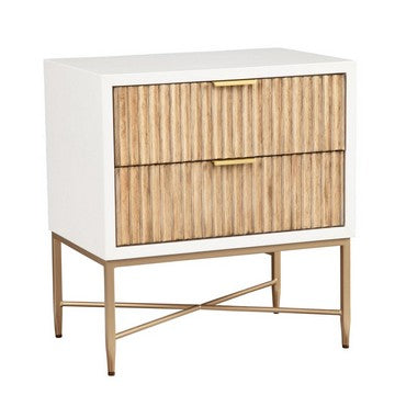 Eli 26 Inch 2 Drawer Nightstand, Corrugated Panels, Gold Metal Frame, White - BM284285