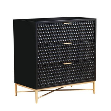 Rexi 34 Inch 3 Drawer Small Dresser Chest, Honeycomb Panels, Black, Gold - BM284293