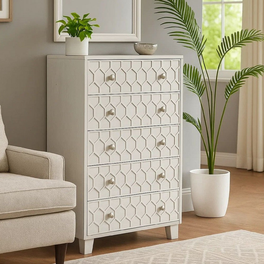 Rue 48 Inch 5 Drawer Dresser Chest, Textured Honeycomb Design, Light Gray - BM284298