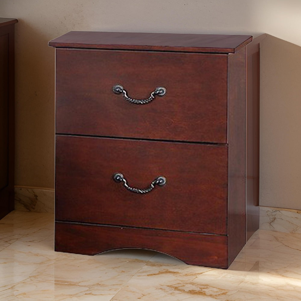 Bran 27 Inch 2 Drawer Nightstand, Pine Wood, Grain Details, Cherry Brown - BM284307
