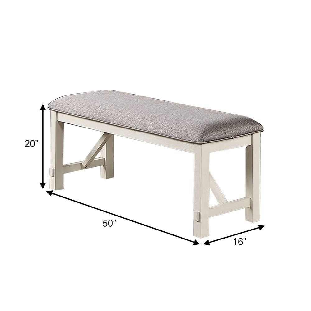 Lexi 50 Inch Dining Bench, Fabric Padded Seat, Rubberwood, Gray and White - BM284313