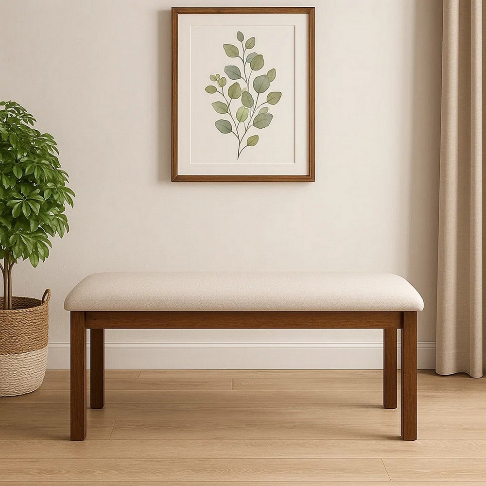 48 Inch Classic Fabric Upholstered Dining Bench, Pine Wood, Ivory and Brown - BM284352