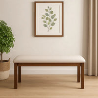 48 Inch Classic Fabric Upholstered Dining Bench, Pine Wood, Ivory and Brown - BM284352