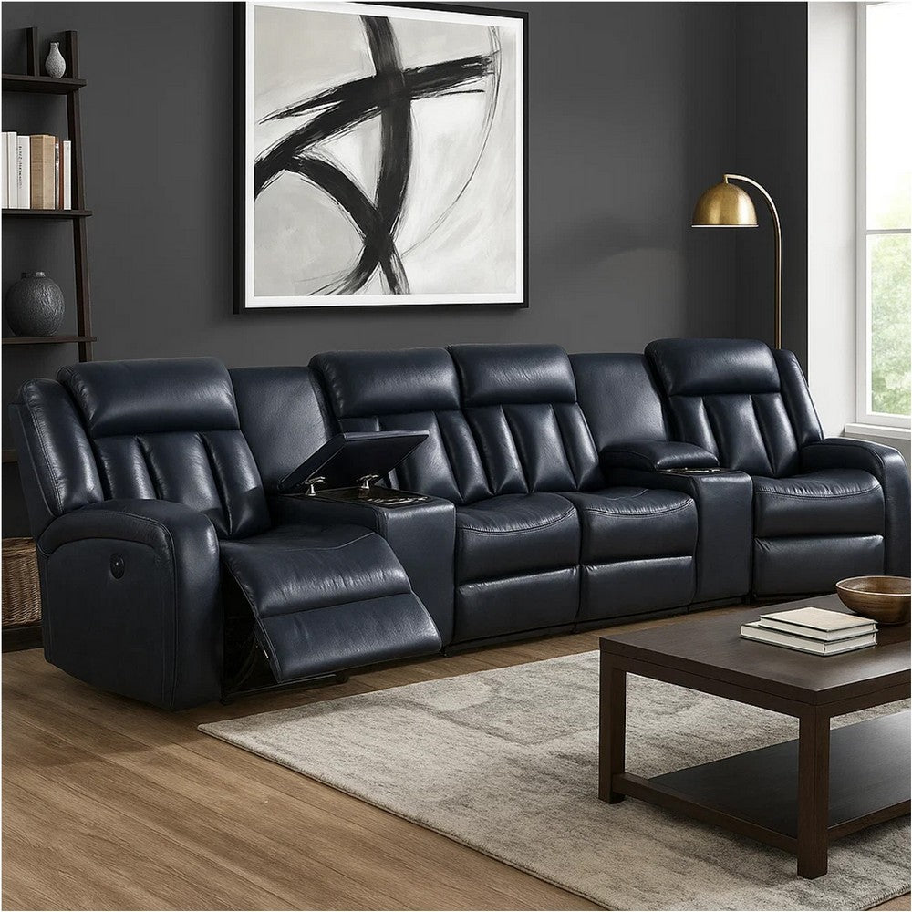 Max 5 Piece Manual Recliner Sectional Set, Vegan Faux Leather, Navy Blue - BM284362