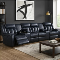 Max 5 Piece Manual Recliner Sectional Set, Vegan Faux Leather, Navy Blue - BM284362