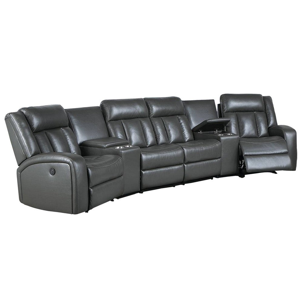 Max 5 Piece Power Recliner Sectional Sofa Set, Vegan Faux Leather, Gray - BM284365