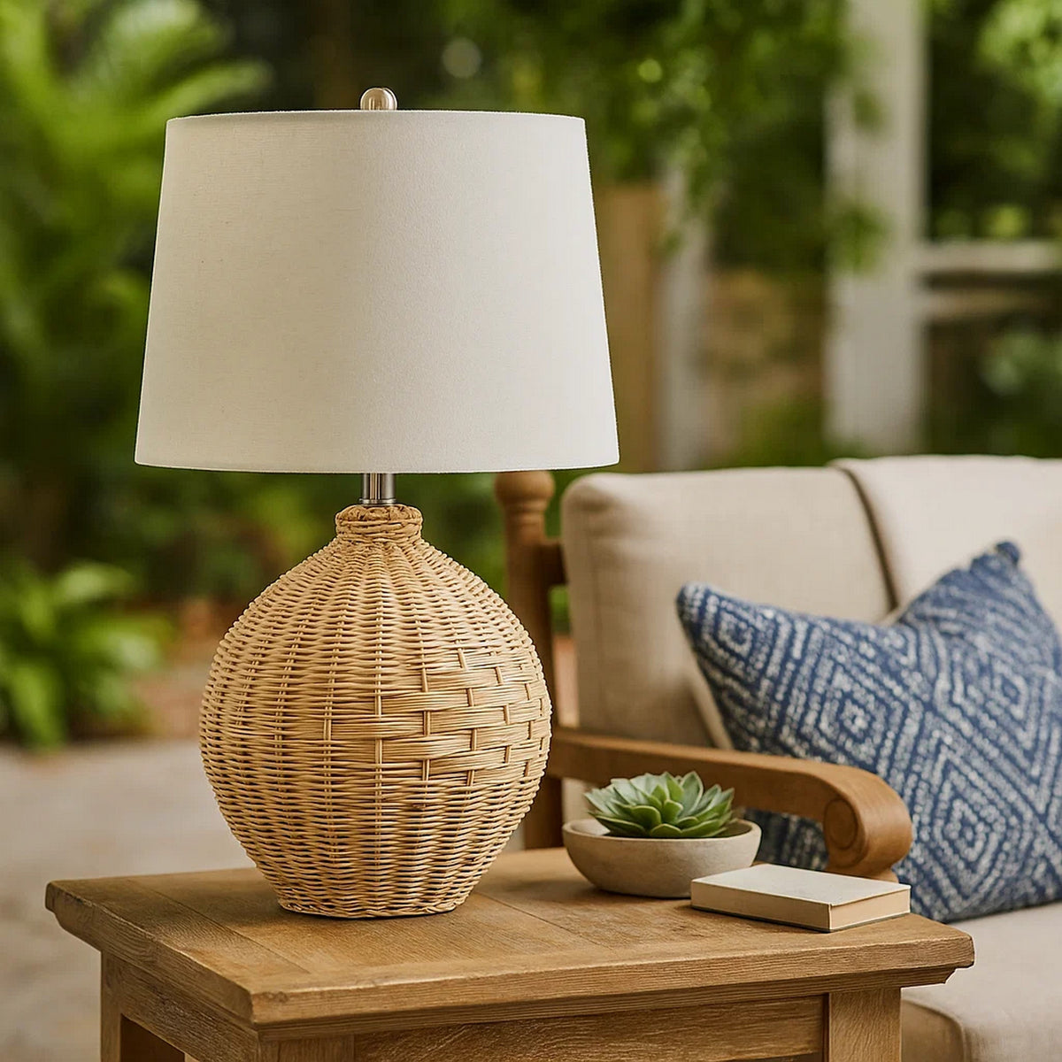 Cape 22 Inch Contemporary Rattan Table Lamp, Hand Woven, Linen Shade, Brown - BM284414