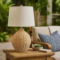 Cape 22 Inch Contemporary Rattan Table Lamp, Hand Woven, Linen Shade, Brown - BM284414