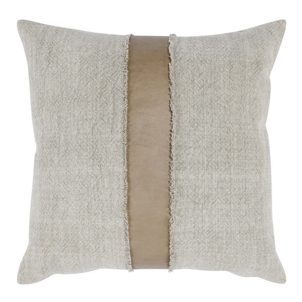 26 x 26 Throw Pillow, Pieced Fabric, Cotton, Leather, Frayed Fringes, Gray By Casagear Home