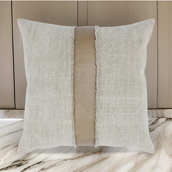 26 x 26 Throw Pillow, Pieced Fabric, Cotton, Leather, Frayed Fringes, Gray By Casagear Home