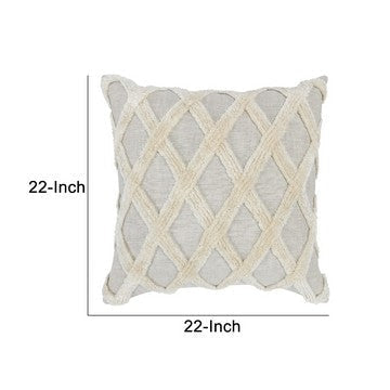 22 x 22 Modern Throw Pillow, Shag, Geometric Diamond, Ivory, Gray By Casagear Home