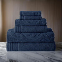 Oya 6 Piece Soft Egyptian Cotton Towel Set, Medallion Pattern, Navy Blue - BM284607