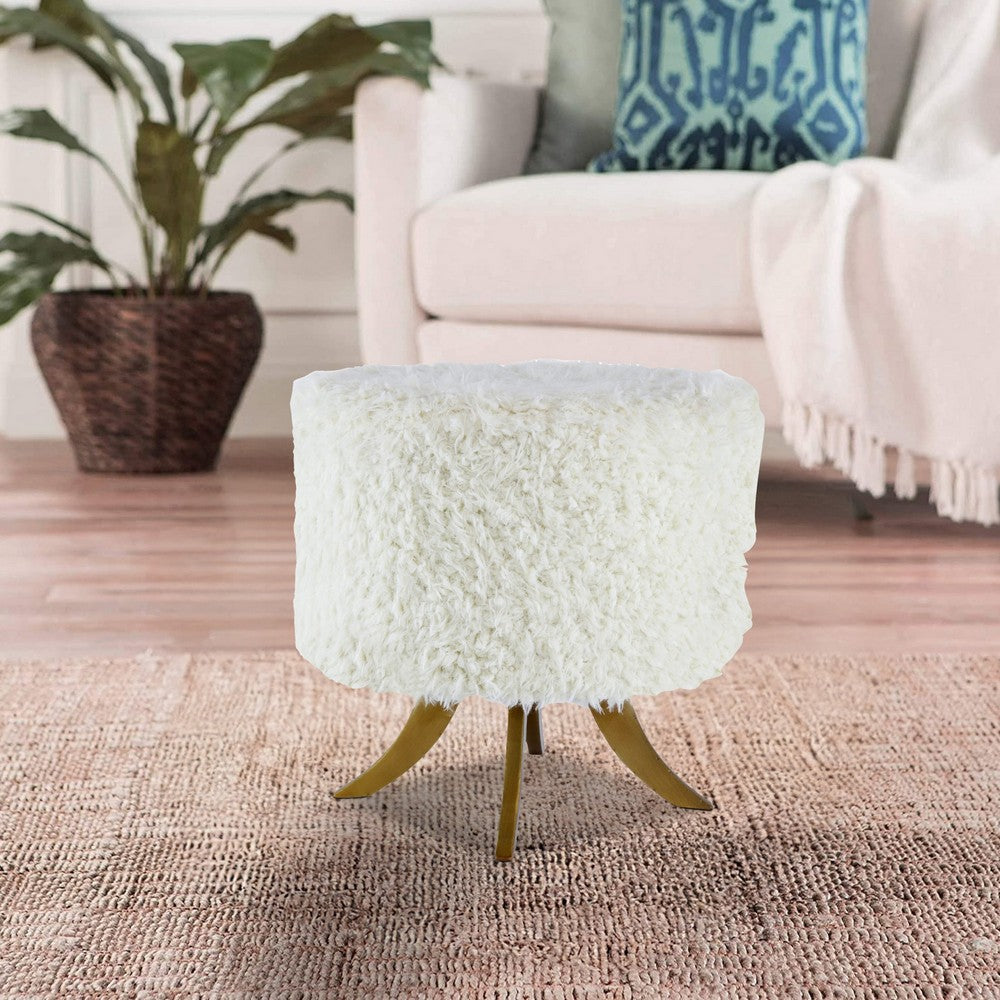 20 Inch Ottoman, Foam Filled, Shearling Fabric, Wood Frame, White, Brown - BM284702