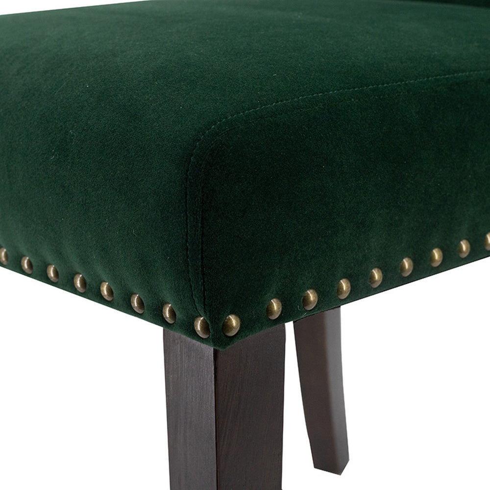 Devi 25 Inch Curved Dining Chair, Green Velvet Upholstery, Nailhead Trim - BM284715