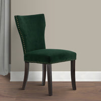 Devi 25 Inch Curved Dining Chair, Green Velvet Upholstery, Nailhead Trim - BM284715