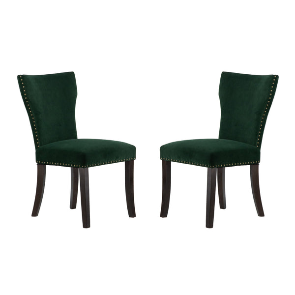 Devi 25 Inch Curved Dining Chair, Green Velvet Upholstery, Nailhead Trim - BM284715