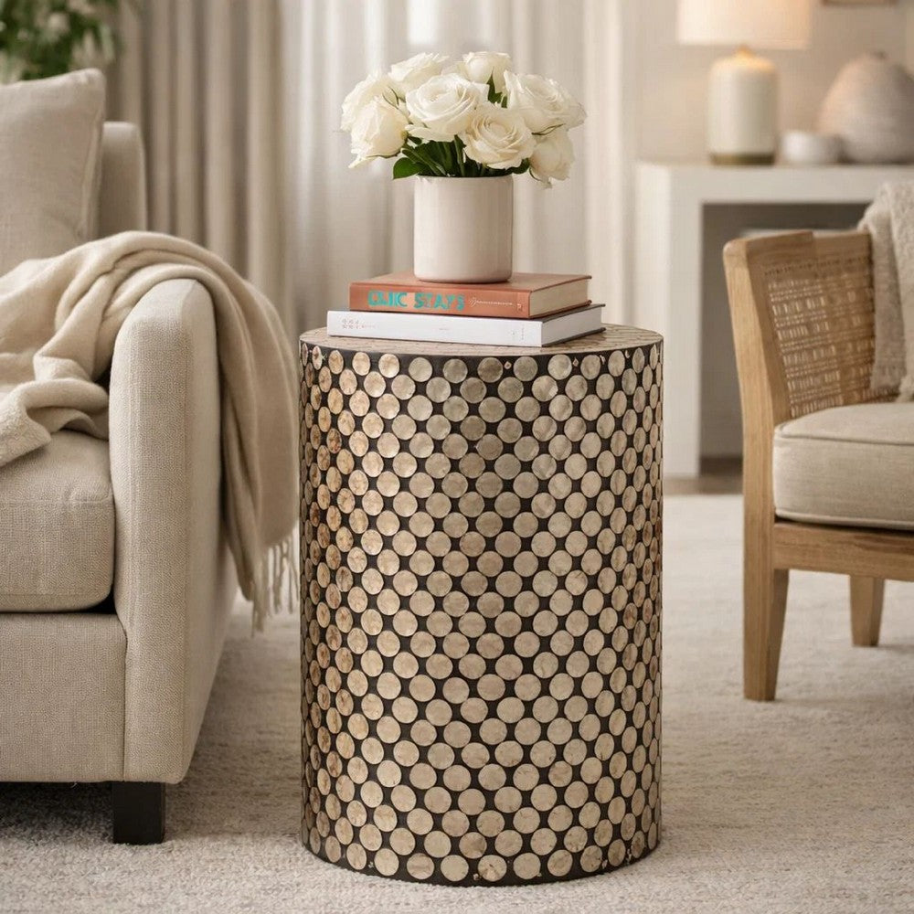 20 Inch Stool Table, Round Wood Design, Modern, Capiz Inlay, Black, White - BM284717