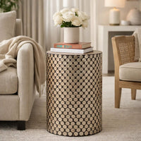 20 Inch Stool Table, Round Wood Design, Modern, Capiz Inlay, Black, White - BM284717