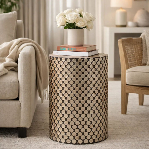 20 Inch Stool Table, Round Wood Design, Modern, Capiz Inlay, Black, White - BM284717