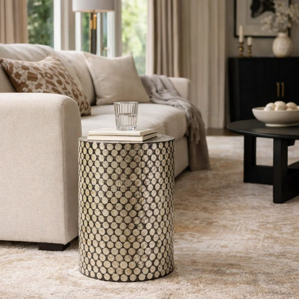 20 Inch Stool Table, Round Wood Design, Modern, Capiz Inlay, Black, White - BM284717