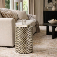 20 Inch Stool Table, Round Wood Design, Modern, Capiz Inlay, Black, White - BM284717