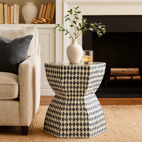 17 Inch Modern Hexagonal Table Stool, Capiz Inlaid Platform, White, Black - BM284727