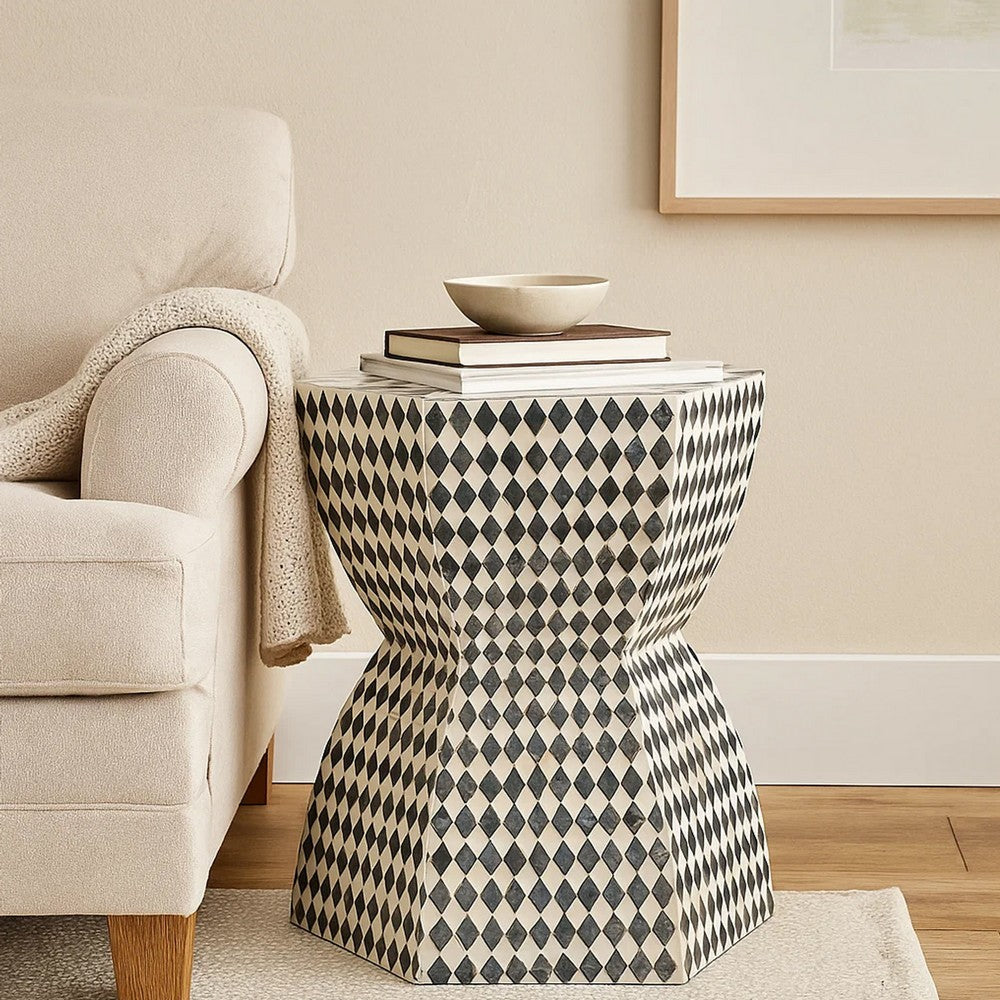 17 Inch Modern Hexagonal Table Stool, Capiz Inlaid Platform, White, Black - BM284727