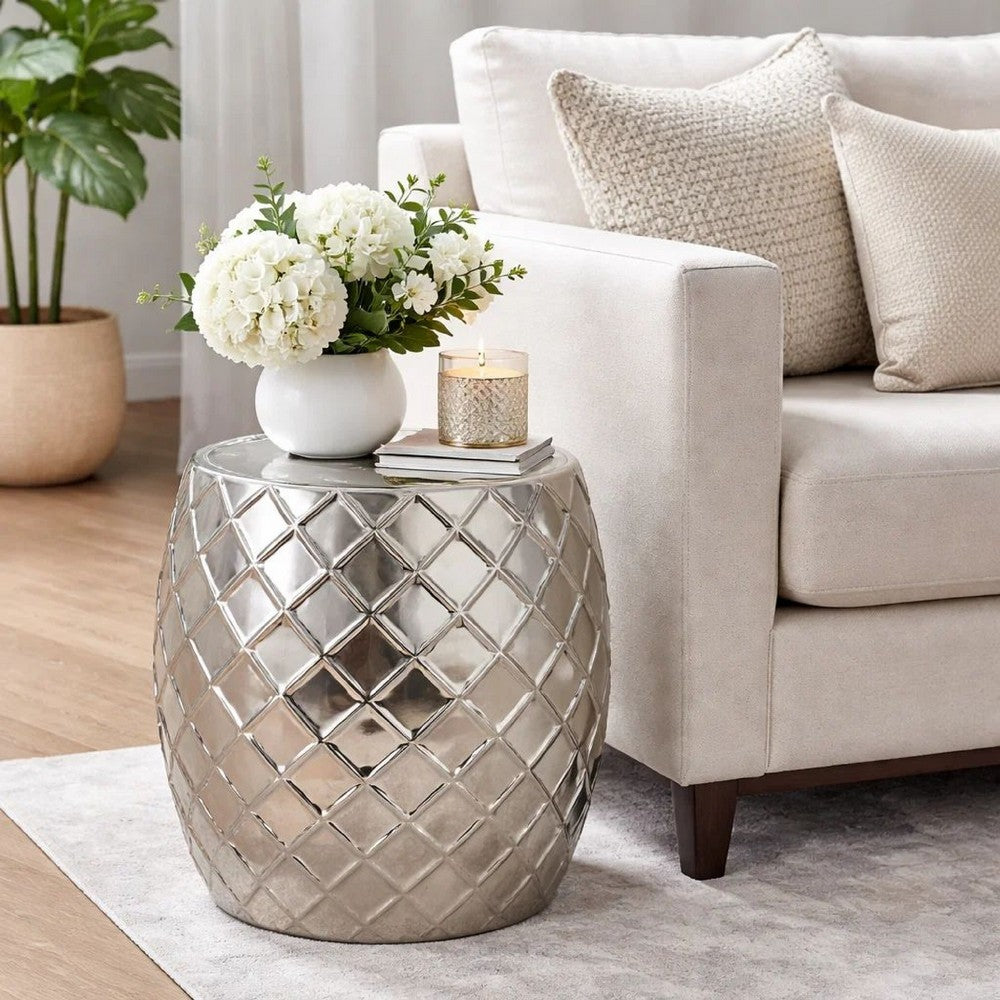 20 Inch Stool Table, Modern, Aluminum Metal, Drum Shape, Elegant Silver - BM284729