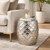 20 Inch Stool Table, Modern, Aluminum Metal, Drum Shape, Elegant Silver - BM284729